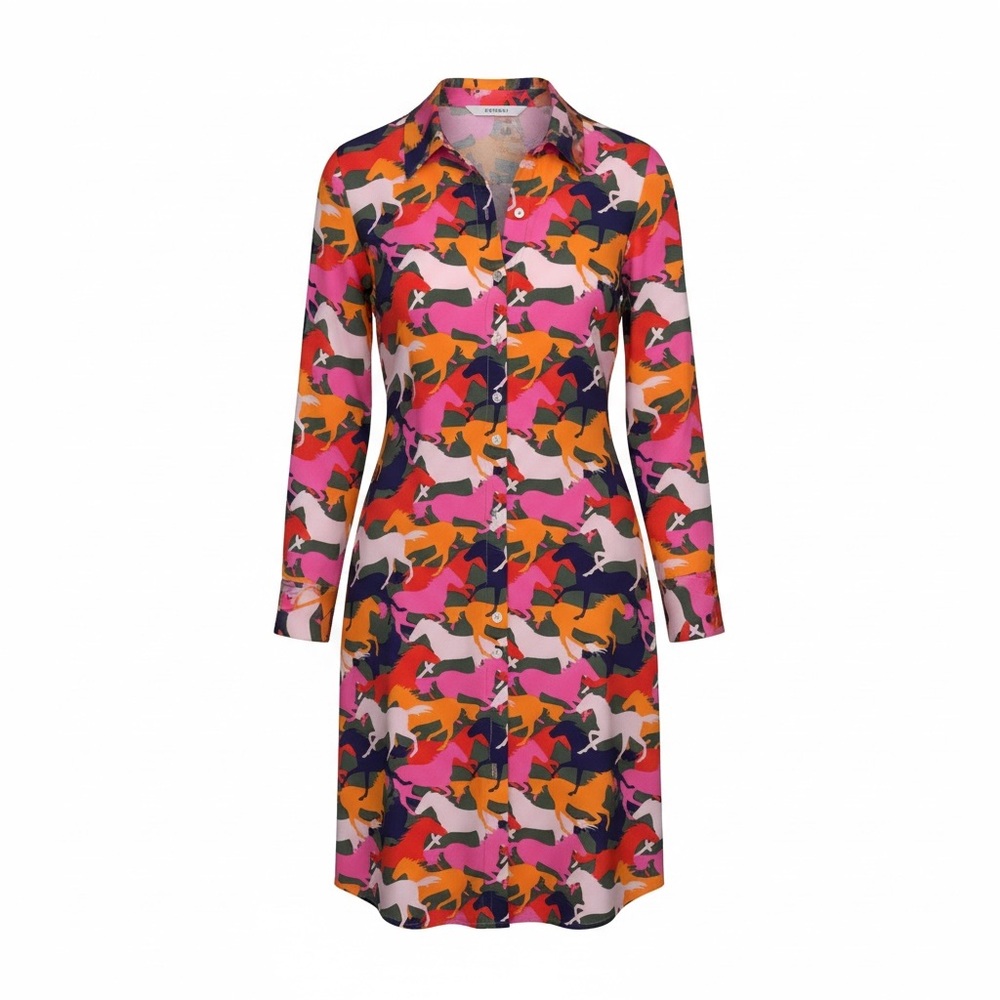 Women's Long Sleeve Button-Front Shirt Dress in Multi Horse Print